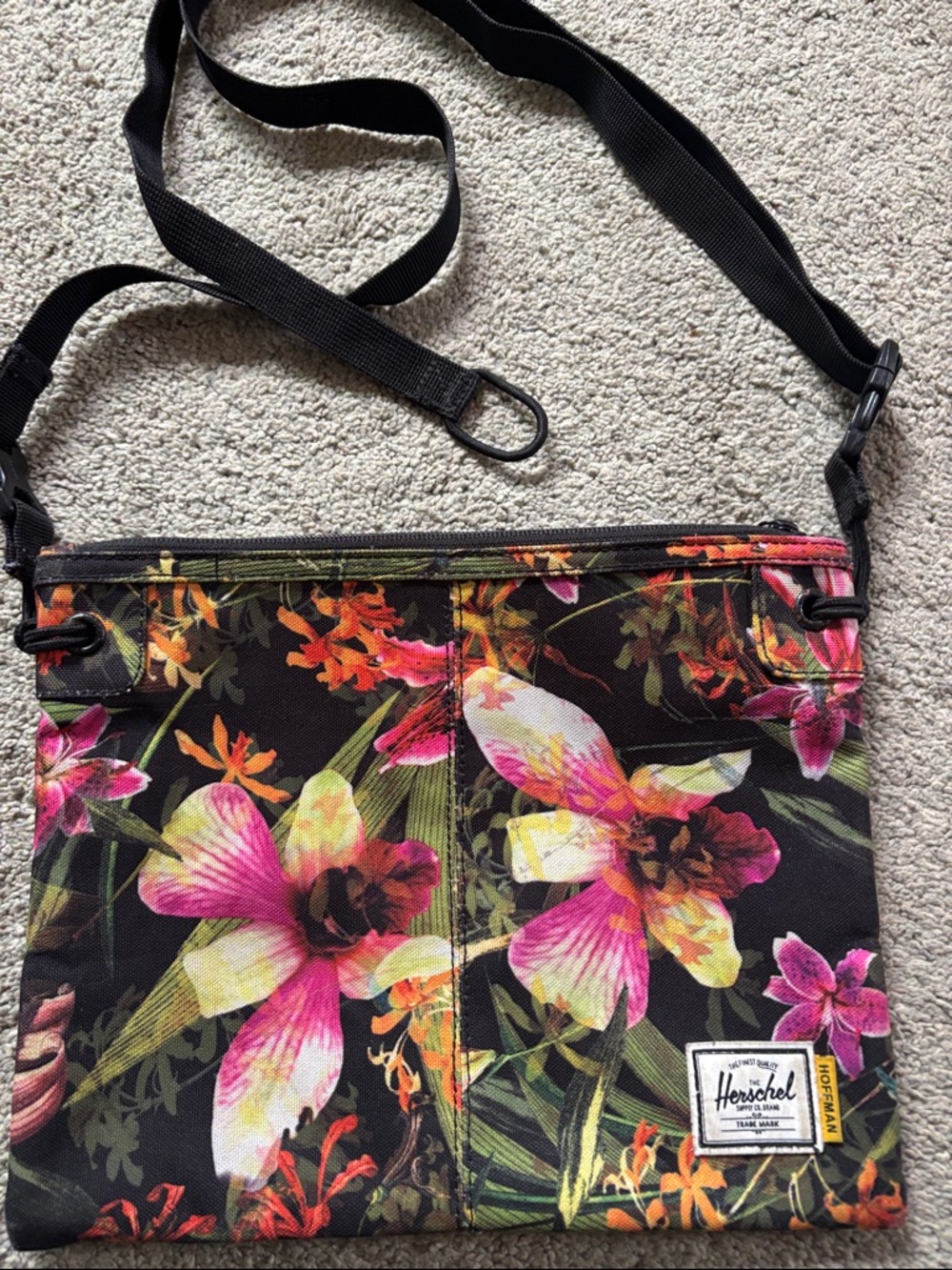 Herschel Supply Company Black Floral Crossbody with Pink & Yellow Blossoms